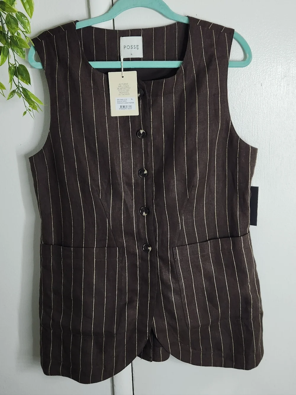 ✨ POSSE Emma Vest Chocolate Cream Pinstripe Linen NWT XL 🤎✨ - Picture 2 of 11
